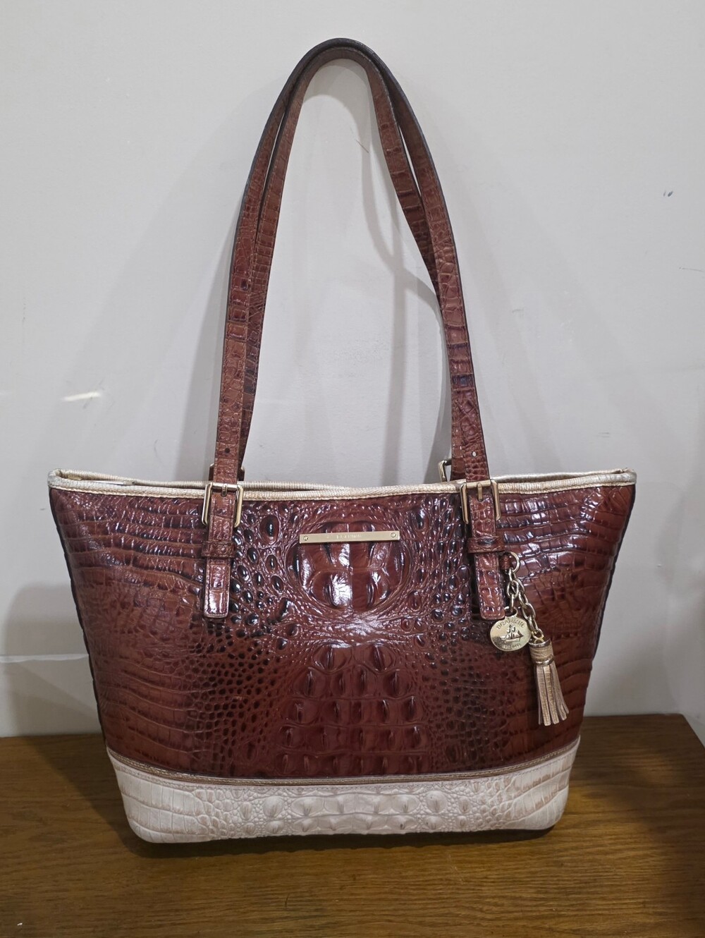 Brahmin Croc-Embossed Leather Tote Bag Brown & Ivory